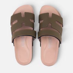 Dép đế trấu birken Xanh Olive Chữ H Sandal quai ngang bản premium HISHOO B104