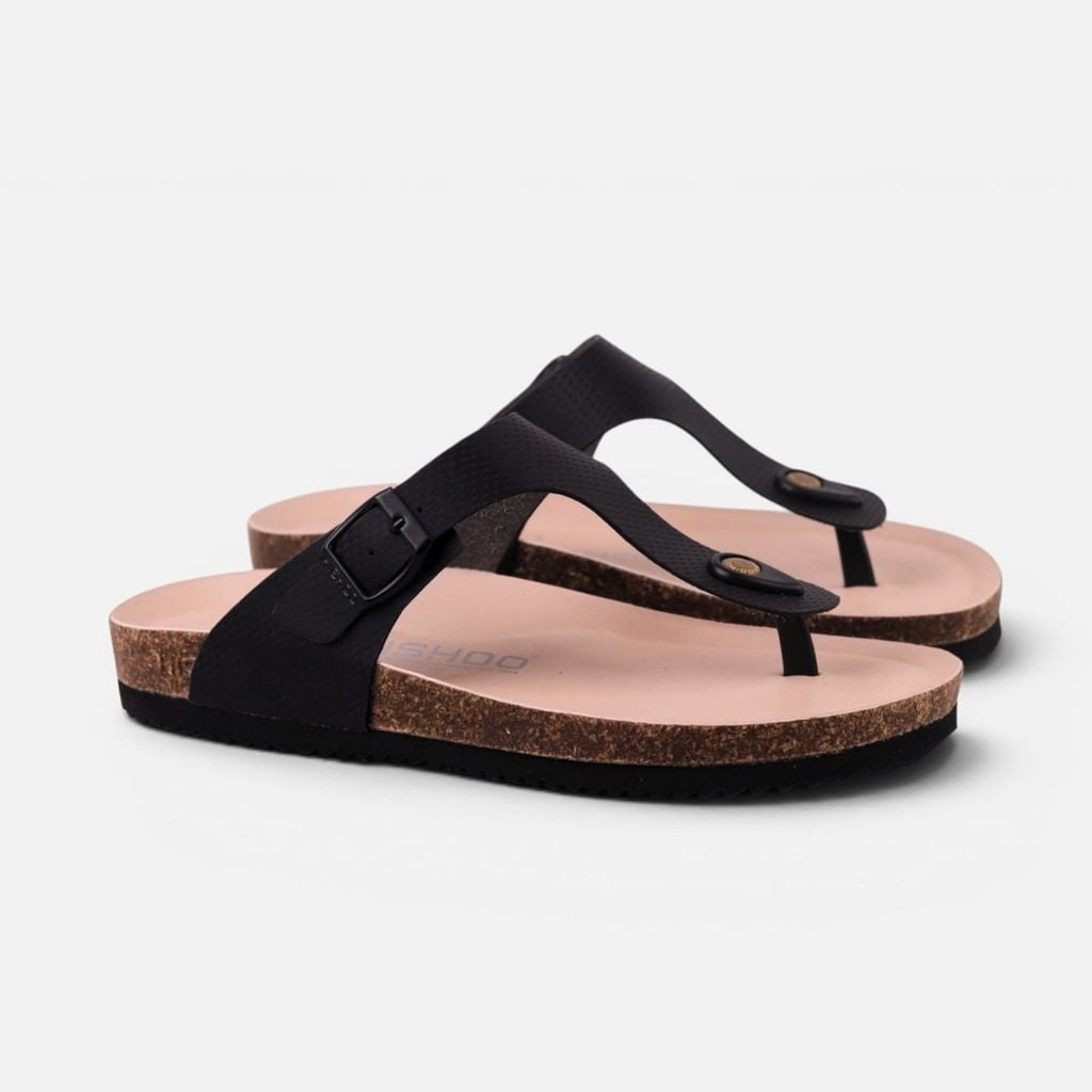 Dép đế trấu birken quai ngang xỏ ngón Đen Crosshatch premium HISHOO B116