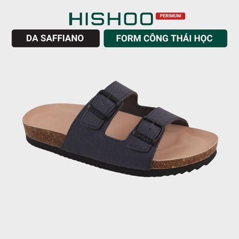 Dép đế trấu birken 2 khoá Xanh Dương Saffiano premium HISHOO B093