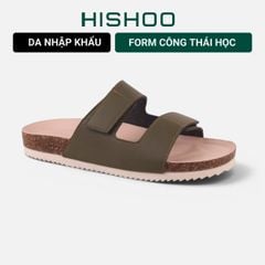 Dép đế trấu birken Xanh Olive quai ngang xé dán premium HISHOO B105