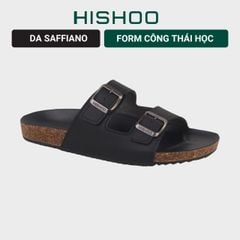 Dép đế trấu birken quai ngang 2 khóa MẶT ĐEN da SAFFIANO Hishoo M093