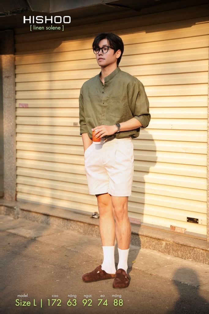 Áo Sơ Mi Nam Rêu Tay Dài Relax Form Rộng, Cổ Tàu Vuông, Lai Ngang Linen Solene Vải Mềm Mát HISHOO A2T002