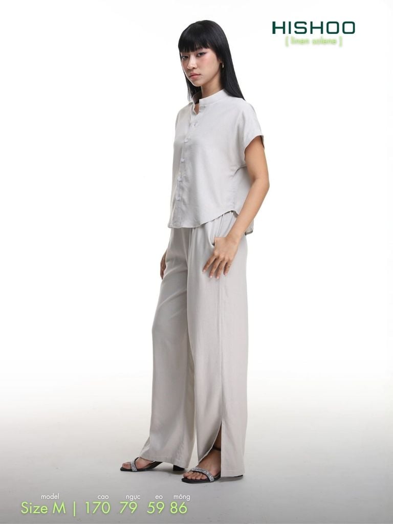 Áo Sơ Mi Nữ Tay Ngắn Relax Form Rộng, Cổ Tàu Vuông, Linen Solene Vải Mềm Mát HISHOO A4G002