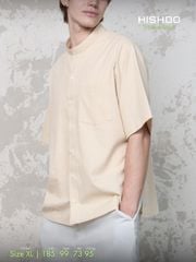 Áo Sơ Mi Nam Kem Relax Form Rộng, Cổ Tàu Vuông, Lai Ngang Linen Solene Vải Mềm Mát HISHOO A1T002