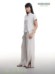 Áo Sơ Mi Xám Tro Nữ Tay Ngắn Relax Form Rộng, Cổ Tàu Vuông, Linen Solene Vải Mềm Mát HISHOO A4G002