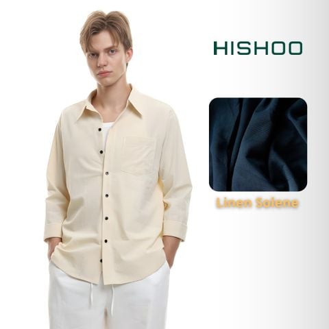 Áo Sơ Mi Kem Nút Đen Nam Tay Dài Relax Form Rộng, Cổ Thường, Lai Ngang Linen Solene Vải Mềm Mát HISHOO A2T003