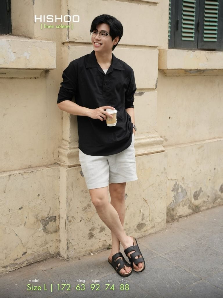 Áo Sơ Mi Nam Tay Dài Relax Form Rộng, Cổ Polo Danton, Xẻ V Linen Solene Vải Mềm Mát HISHOO A3T004