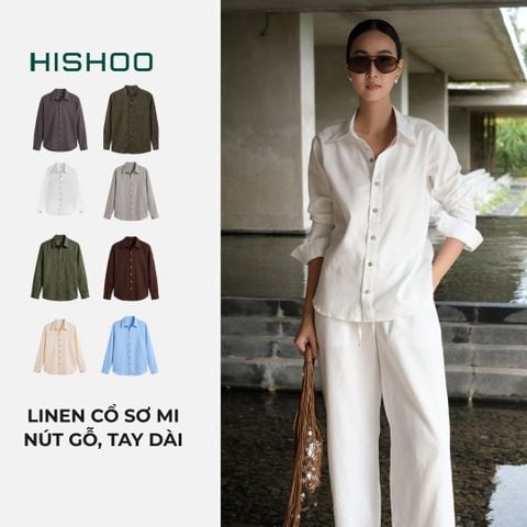 Áo Sơ Mi Nút Gỗ Tay Dài Nữ Relax Form Rộng, Cổ Thường, Lai Ngang Linen Solene Vải Mềm Mát HISHOO A2G003