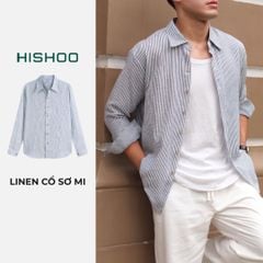 Áo Sơ Mi Trắng Sọc Xanh Nút Gỗ Tay Dài Nam Relax Form Rộng, Cổ Thường, Lai Ngang Linen Solene Vải Mềm Mát HISHOO A2T003