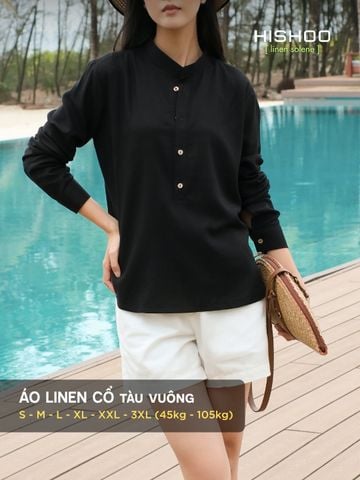 Áo Sơ Mi Nữ Nút Gỗ Tay Dài Relax Form Rộng, Cổ Polo Tàu Vuông, Xẻ V Linen Solene Vải Mềm Mát HISHOO A3G002