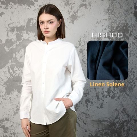 Áo Sơ Mi Tay Dài Nữ Trắng Relax Form Rộng, Cổ Tàu Vuông, Lai Ngang Linen Solene Vải Mềm Mát HISHOO A2G002