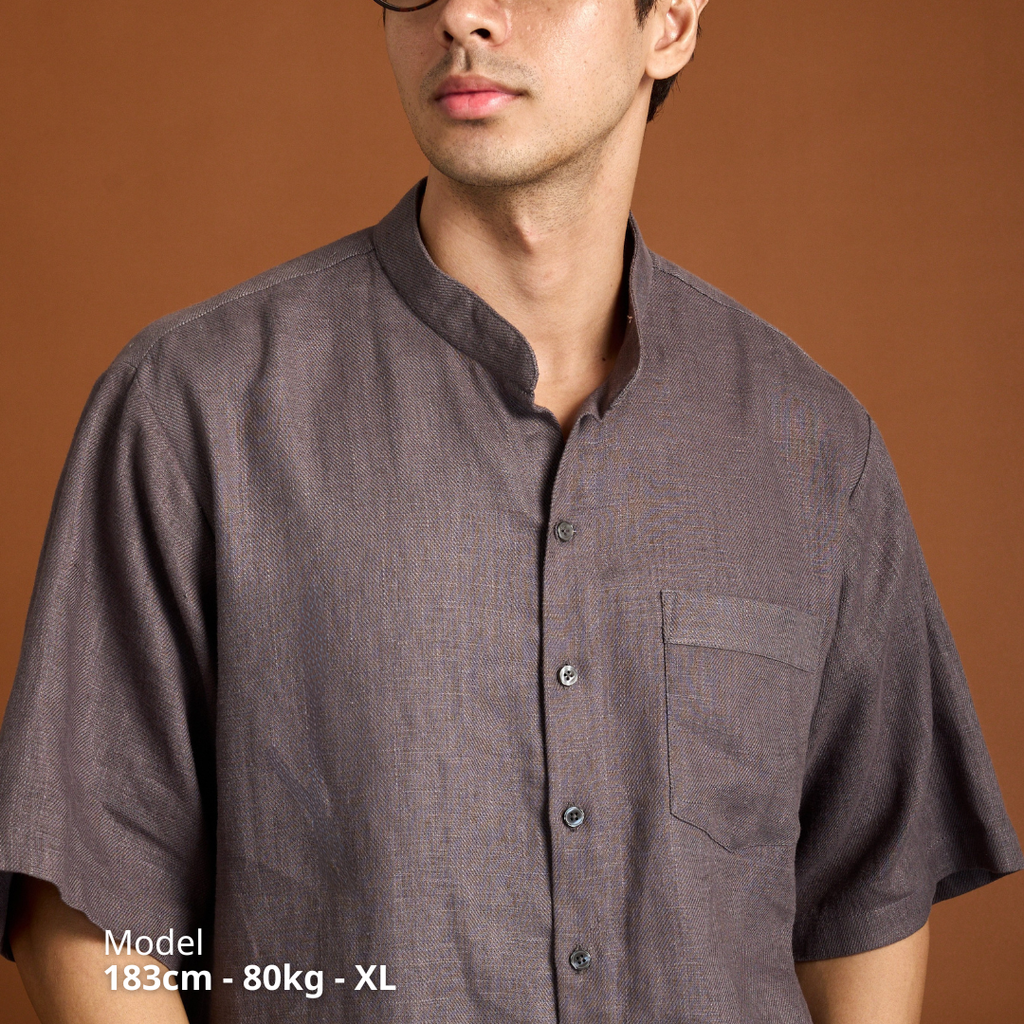 Áo Sơ Mi Nam Relax Form Rộng, Cổ Tàu Tròn, Lai Ngang Linen Solene Vải Mềm Mát HISHOO A1T001