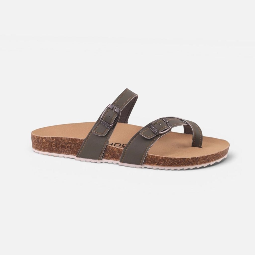 Dép đế trấu Birken Rêu quai ngang xỏ ngón da bò HISHOO M098