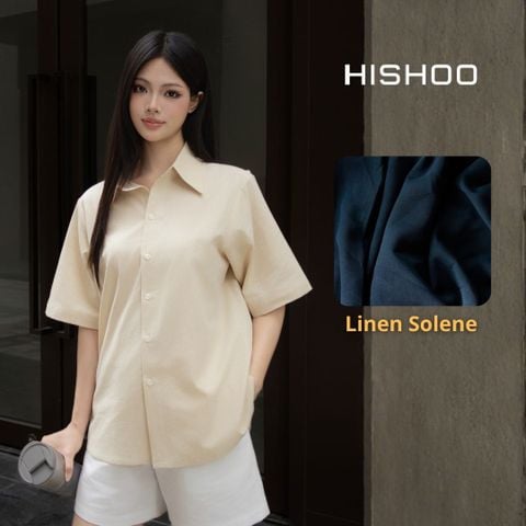 Áo Sơ Mi Nữ Kem Relax Form Rộng, Cổ Thường, Lai Ngang Linen Solene Vải Mềm Mát HISHOO A1G003