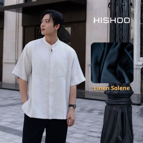 Áo Sơ Mi Nam Xám Tro Relax Form Rộng, Cổ Tàu Vuông, Lai Ngang Linen Solene Vải Mềm Mát HISHOO A1T002