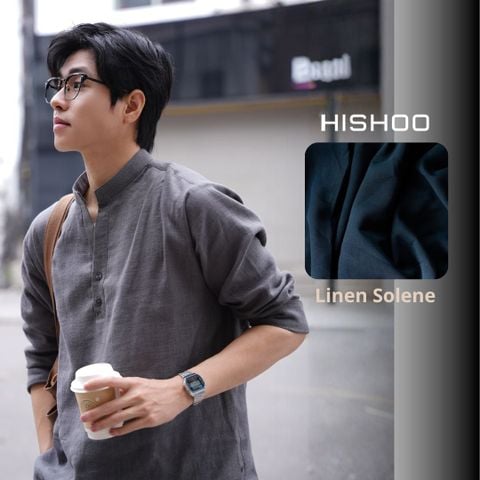 Áo Sơ Mi Nam Xám Chuột Tay Dài Relax Form Rộng, Cổ Polo Tàu Vuông, Xẻ V Linen Solene Vải Mềm Mát HISHOO A3T002