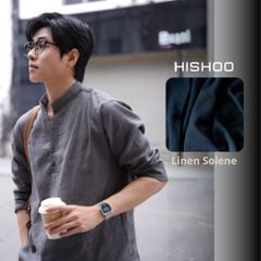 Áo Sơ Mi Nam Xám Chuột Tay Dài Relax Form Rộng, Cổ Polo Tàu Vuông, Xẻ V Linen Solene Vải Mềm Mát HISHOO A3T002
