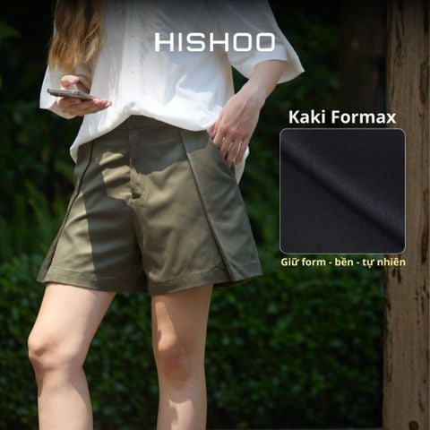 Quần kaki nữ lưng cao xếp li Hishoo short suông basic mặc đi chơi, đi làm HISHOO QG002