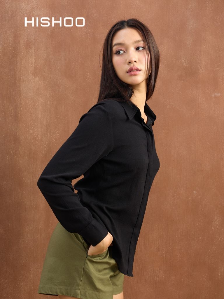 Áo Sơ Mi Nữ Công Sở Linen Solene Cổ Hạ Lưng Form Slim, Chiết Eo Nhẹ, Vải Mềm Mát HISHOO AG001