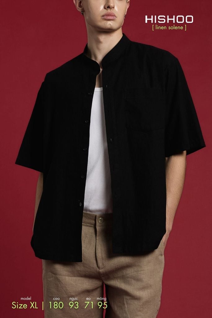 Áo Sơ Mi Nam Đen Relax Form Rộng, Cổ Tàu Tròn, Lai Ngang Linen Solene Vải Mềm Mát HISHOO A1T001