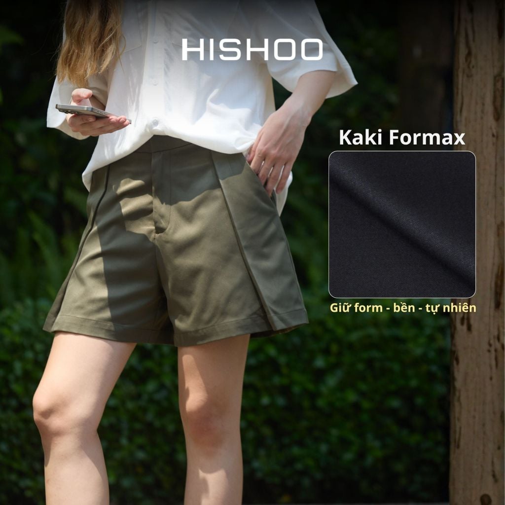 Quần kaki nữ lưng cao xếp ki Hishoo short suông basic mặc đi chơi, đi làm HISHOO QG002