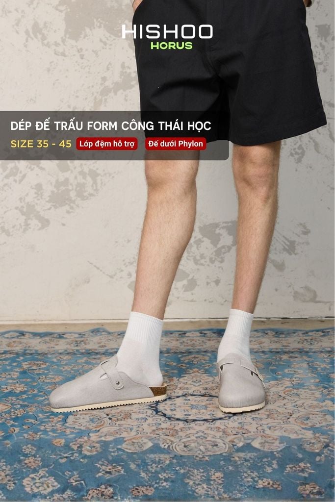 Dép đế trấu sục Boston quai ngang xám Demin Premium HISHOO B109
