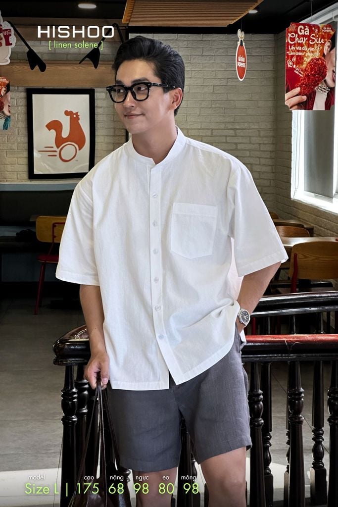 Áo Sơ Mi Trắng Nam Relax Form Rộng, Cổ Tàu Vuông, Lai Ngang Linen Solene Vải Mềm Mát HISHOO A1T002