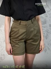 Quần kaki Rêu nữ lưng cao xếp li Hishoo short suông basic mặc đi chơi, đi làm HISHOO Q2G001