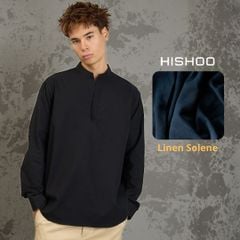 Áo Sơ Mi Nam Đen Tay Dài Relax Form Rộng, Cổ Polo Tàu Vuông, Xẻ V Linen Solene Vải Mềm Mát HISHOO A3T002