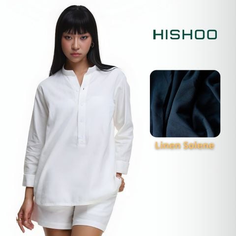 Áo Sơ Mi Trắng Nữ Tay Dài Relax Form Rộng, Cổ Polo Tàu Vuông, Xẻ V Linen Solene Vải Mềm Mát HISHOO A3G002