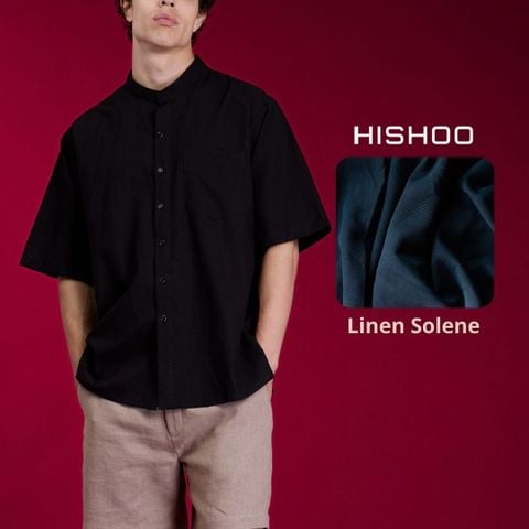 Áo Sơ Mi Đen Nam Relax Form Rộng, Cổ Tàu Vuông, Lai Ngang Linen Solene Vải Mềm Mát HISHOO A1T002