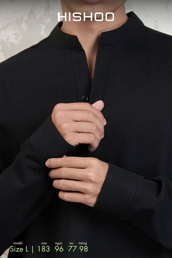 Áo Sơ Mi Nam Đen Tay Dài Relax Form Rộng, Cổ Polo Tàu Vuông, Xẻ V Linen Solene Vải Mềm Mát HISHOO A3T002