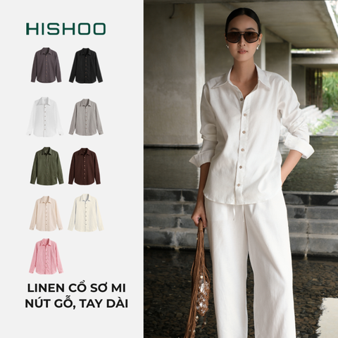 Áo Sơ Mi Nút Gỗ Tay Dài Nữ Relax Form Rộng, Cổ Thường, Lai Ngang Linen Solene Vải Mềm Mát HISHOO A2G003