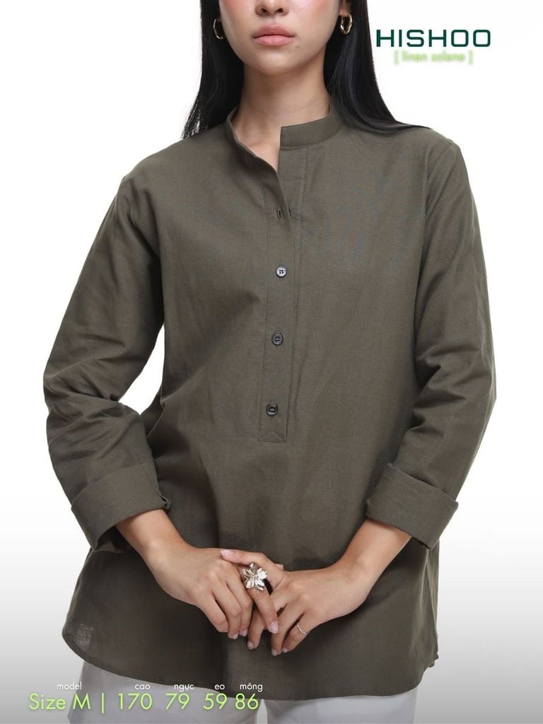 Áo Sơ Mi Nữ Tay Dài Relax Form Rộng, Cổ Polo Tàu Vuông, Xẻ V Linen Solene Vải Mềm Mát HISHOO A3G002