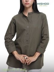 Áo Sơ Mi Nữ Tay Dài Relax Form Rộng, Cổ Polo Tàu Vuông, Xẻ V Linen Solene Vải Mềm Mát HISHOO A3G002