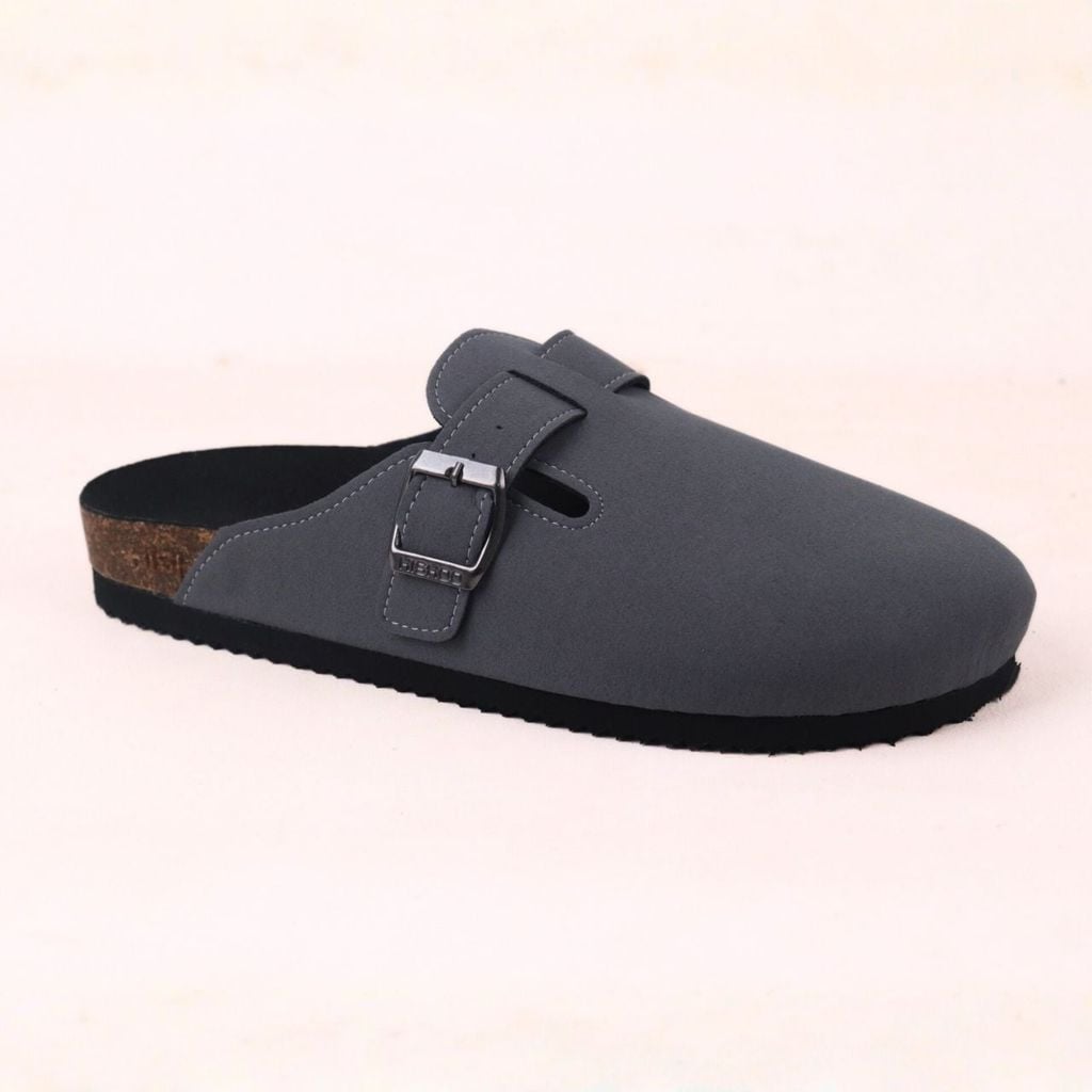 Dép đế trấu sục Boston Xám/ Kem/Bò quai ngang da lộn HISHOO R109