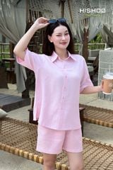 Áo Sơ Mi Nữ Hồng Relax Form Rộng, Cổ Thường, Lai Ngang Linen Solene Vải Mềm Mát HISHOO A1G003