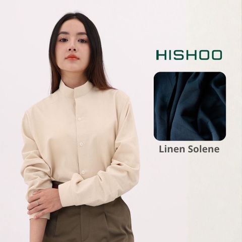 Áo Sơ Mi Kem Tay Dài Nữ Relax Form Rộng, Cổ Tàu Vuông, Lai Ngang Linen Solene Vải Mềm Mát HISHOO A2G002