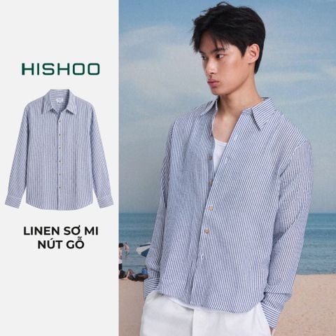 Áo Sơ Mi Trắng Sọc Xanh Nút Gỗ Tay Dài Nam Relax Form Rộng, Cổ Thường, Lai Ngang Linen Solene Vải Mềm Mát HISHOO A2T003