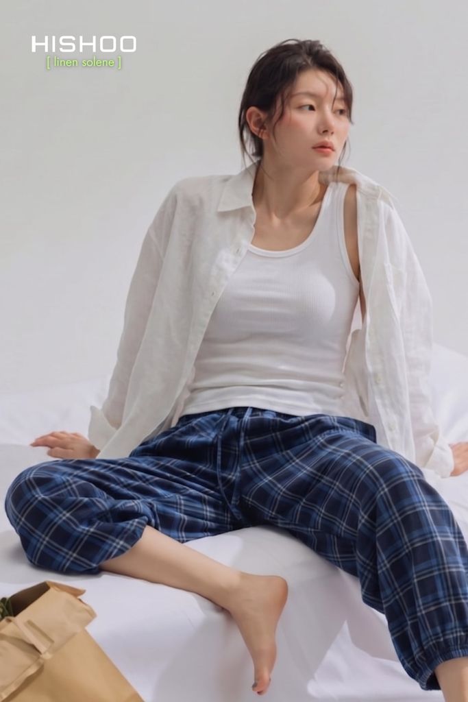 Quần dài Caro Linen Nữ Lưng Thun, Hishoo basic mặc đi chơi, đi làm HISHOO Q3G001