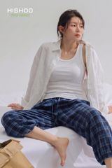 Quần dài Caro Linen Nữ Lưng Thun, Hishoo basic mặc đi chơi, đi làm HISHOO Q3G001