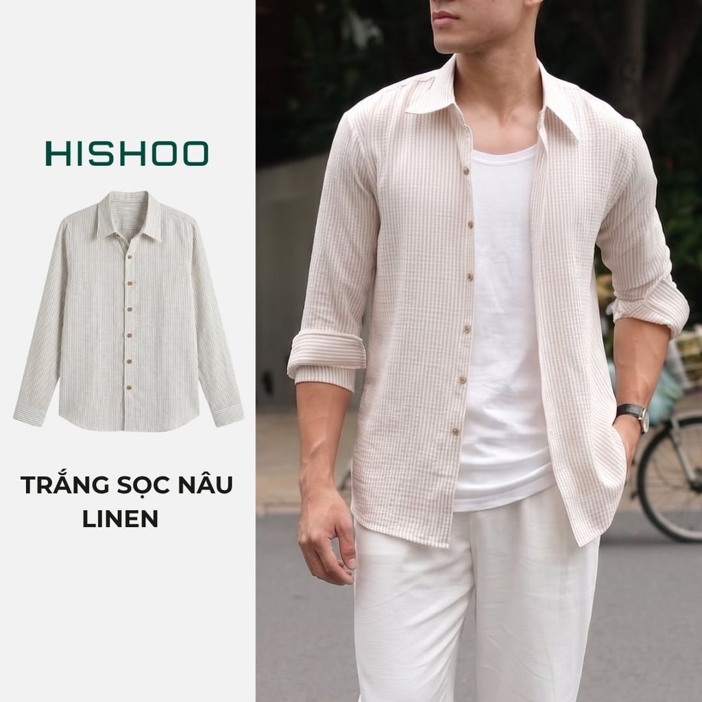 Áo Sơ Mi Trắng Sọc Nâu Nút Gỗ Tay Dài Nam Relax Form Rộng, Cổ Thường, Lai Ngang Linen Solene Vải Mềm Mát HISHOO A2T003