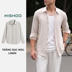 Áo Sơ Mi Trắng Sọc Nâu Nút Gỗ Tay Dài Nam Relax Form Rộng, Cổ Thường, Lai Ngang Linen Solene Vải Mềm Mát HISHOO A2T003