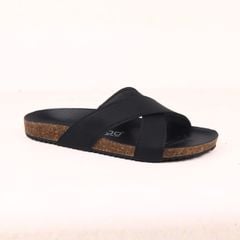 Dép đế trấu birken quai chéo MẶT ĐEN da SAFFIANO Hishoo M096