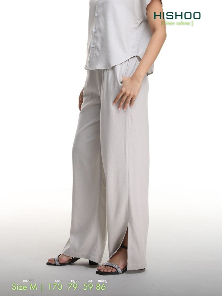 Quần dài Linen Nữ Lưng Thun, Xẻ Tà Hishoo basic mặc đi chơi, đi làm HISHOO Q3G001