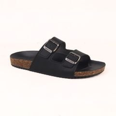 Dép đế trấu birken quai ngang 2 khóa MẶT ĐEN da SAFFIANO Hishoo M093