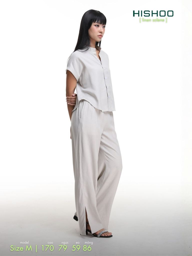 Áo Sơ Mi Xám Tro Nữ Tay Ngắn Relax Form Rộng, Cổ Tàu Vuông, Linen Solene Vải Mềm Mát HISHOO A4G002