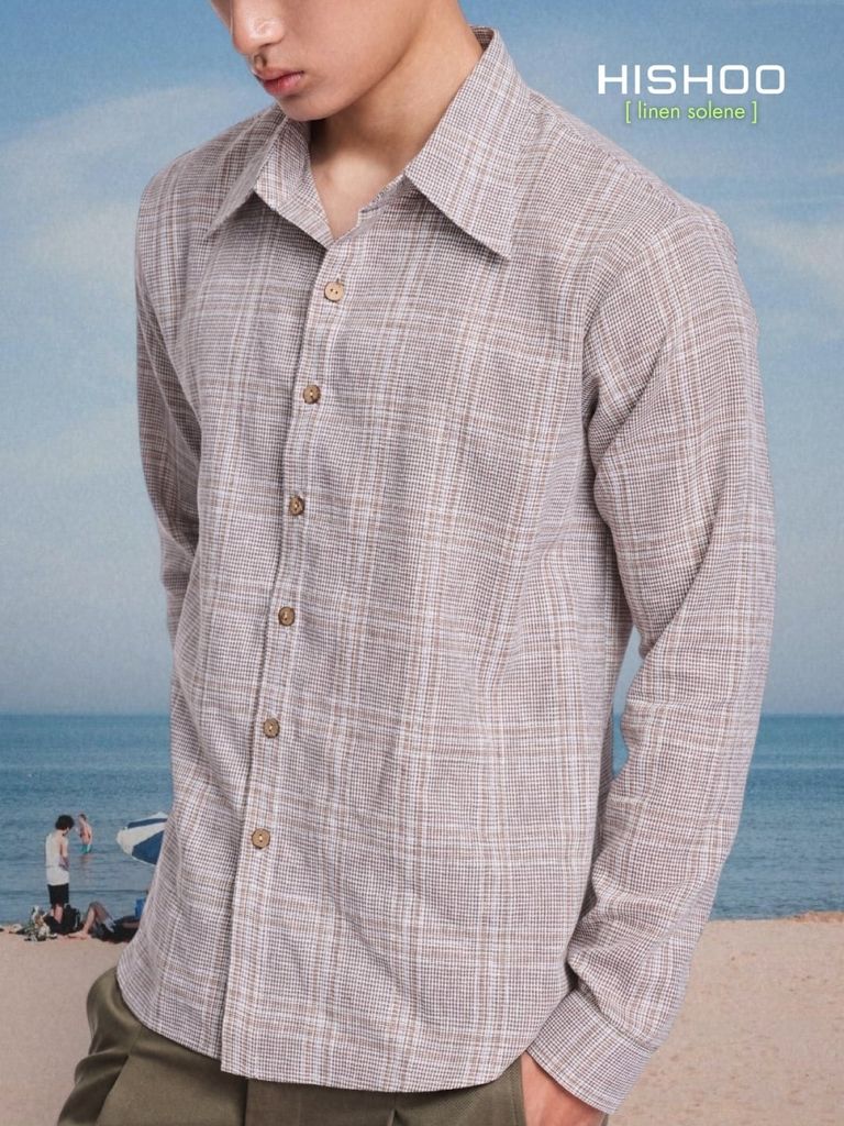 Áo Sơ Mi Caro Nút Gỗ Tay Dài Nam Relax Form Rộng, Cổ Thường, Lai Ngang Linen Solene Vải Mềm Mát HISHOO A2T003