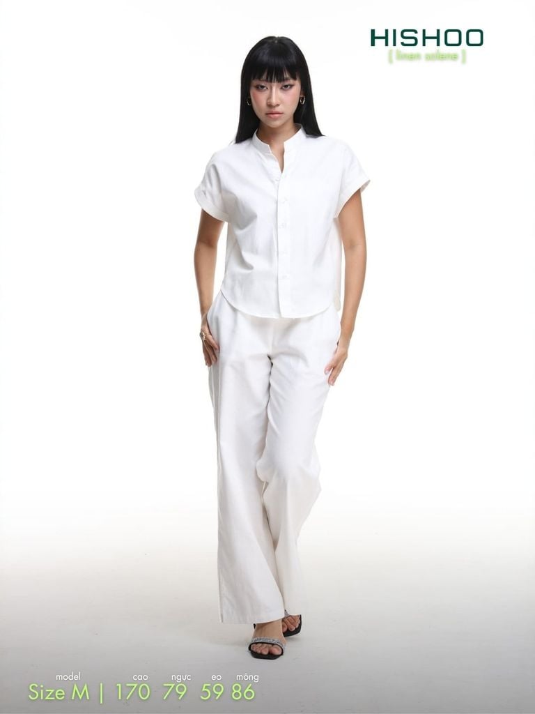 Áo Sơ Mi Nữ Tay Ngắn Relax Form Rộng, Cổ Tàu Vuông, Linen Solene Vải Mềm Mát HISHOO A4G002