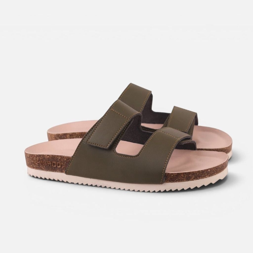 Dép đế trấu birken Xanh Olive quai ngang xé dán premium HISHOO B105